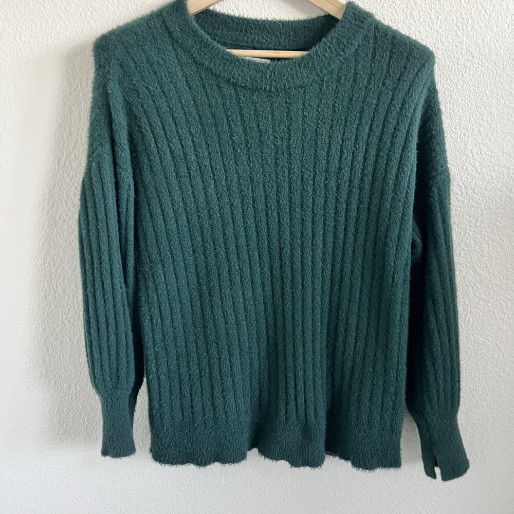 Aerie Fuzzy Knit Ribbed Crewneck Sweater Women's XS Green Pullover Cozy